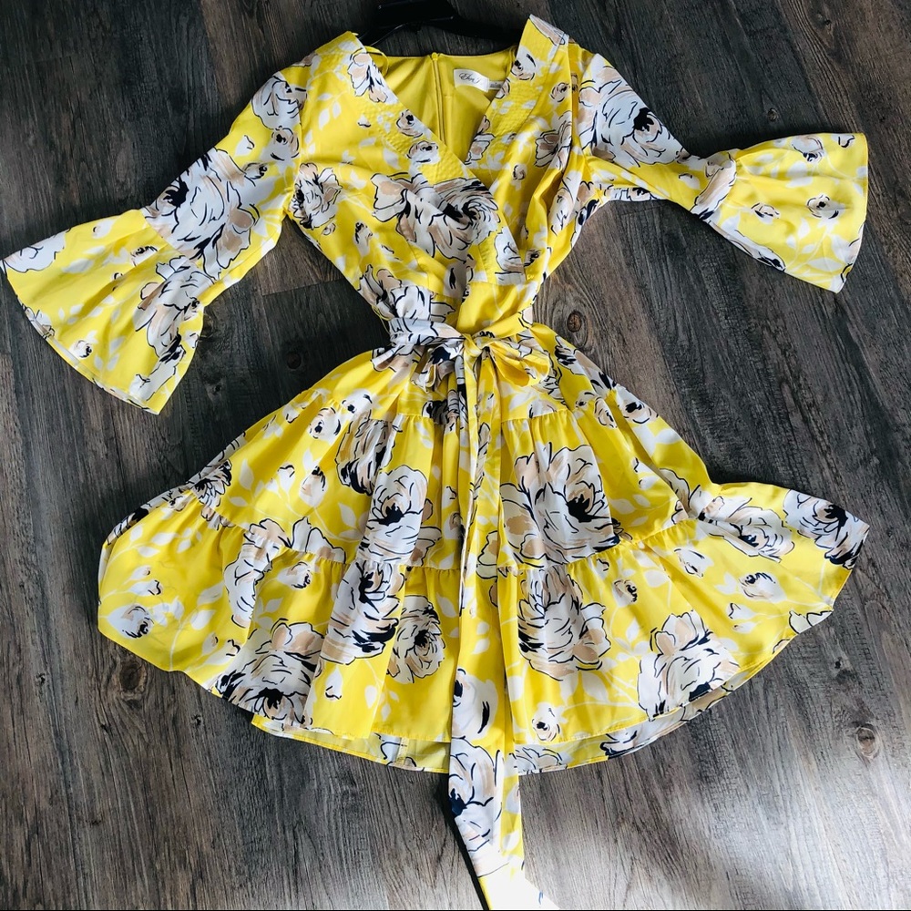 Eliza J yellow and floral ruffle flare dress